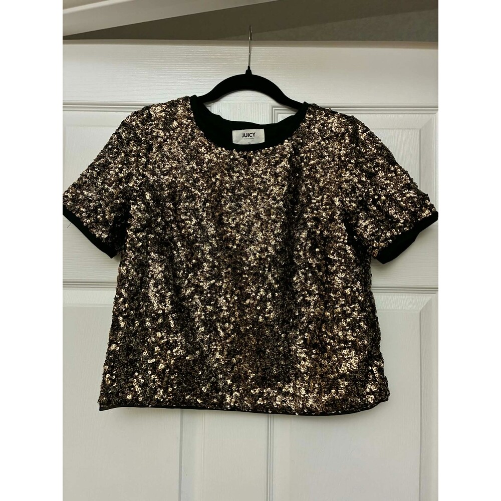 JUICY Gold Sequin Top Small Short Sleeve Party Holiday Glam Blouse